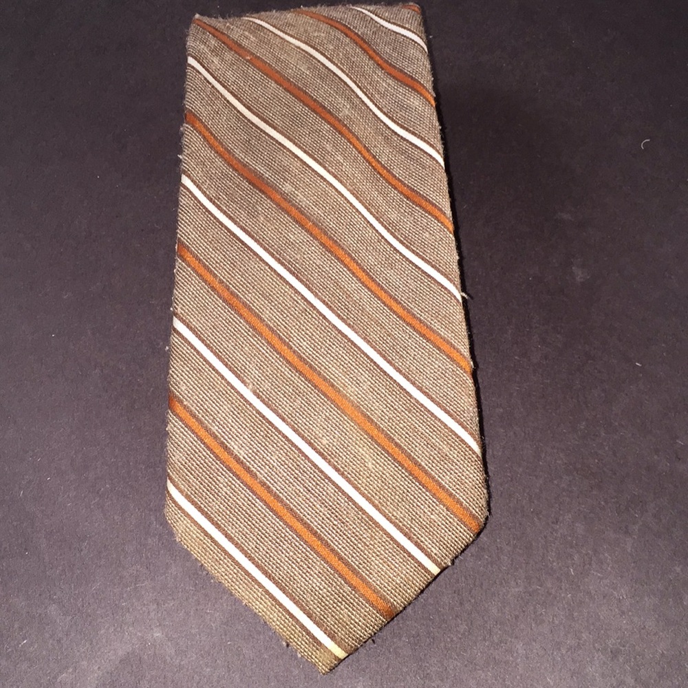 Italian woven silk tie w tan/copper/wht striped